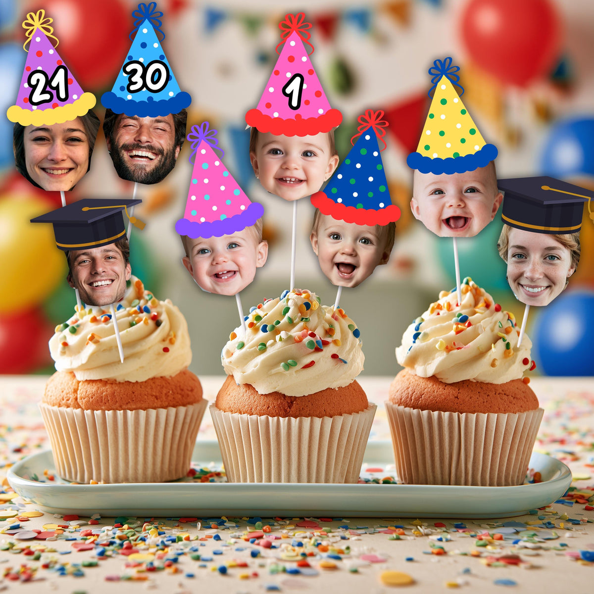 Cupcake Topper Custom Face with Party Hat, Personalised Fun Birthday