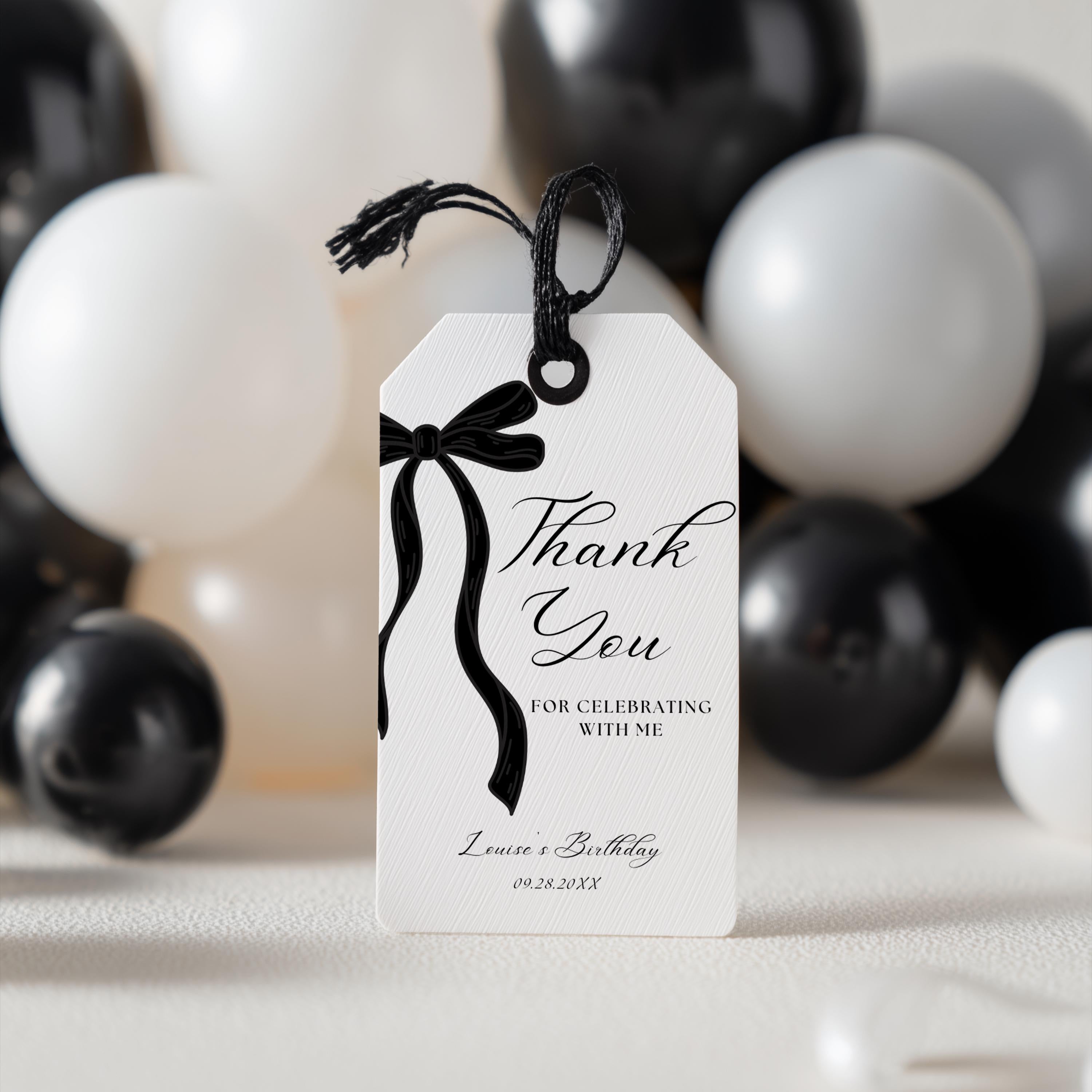 Black Bow Favor Tags, Minimalist 1st Birthday Tag, Gender neutral, Printable Gift Tags 9174