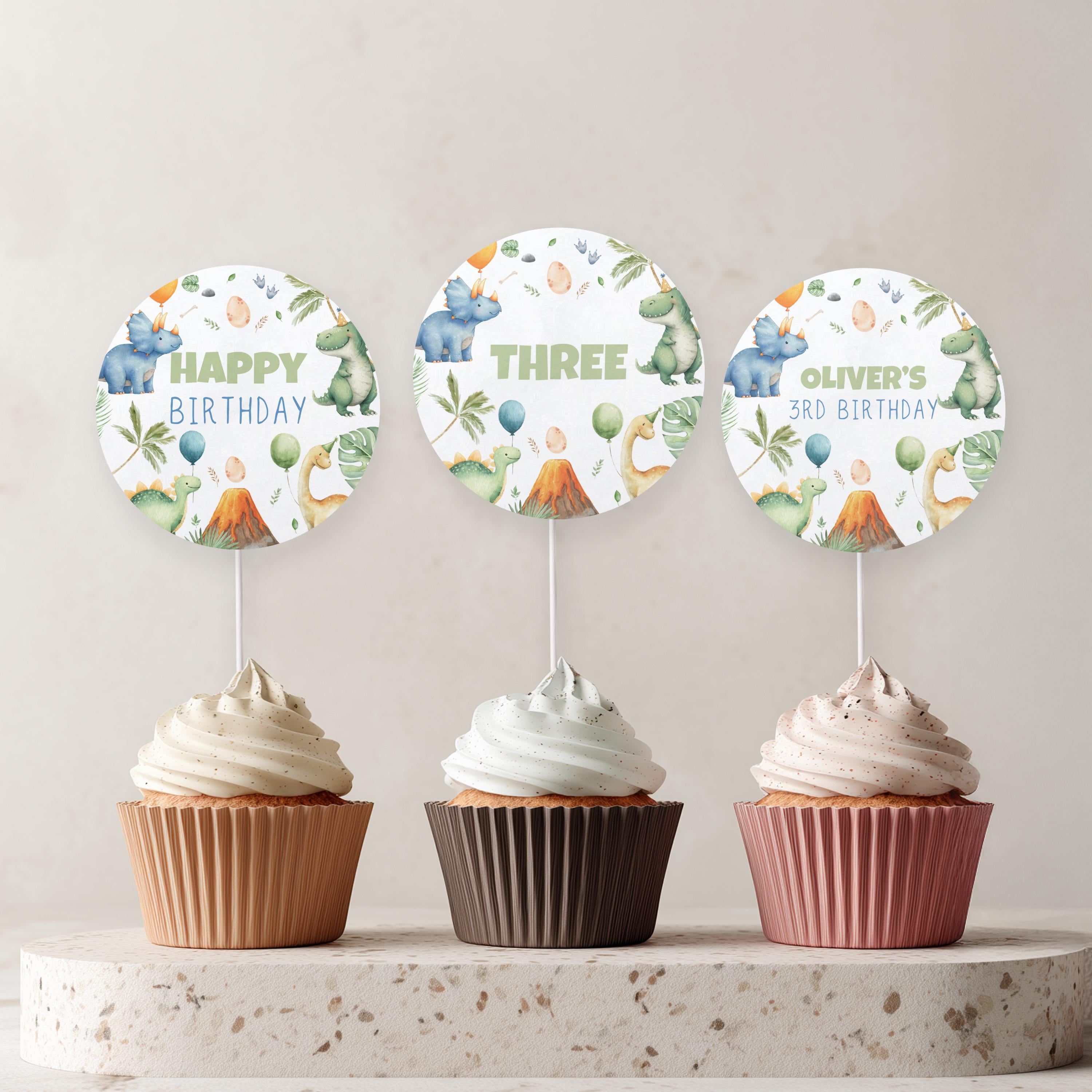 Dinosaur Cupcake Toppers, Dino Birthday Cupcake Toppers, Printable Cupcake Toppers, Editable Cupcake Toppers, Three-Rex Birthday Boy 9166