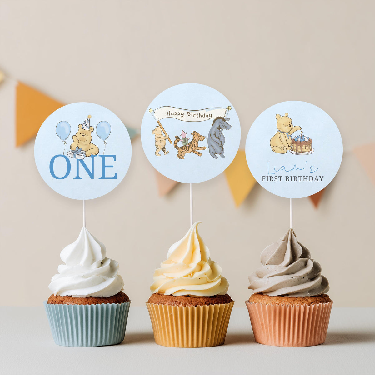 Blue Winnie the Pooh Cupcake Topper, Birthday Cupcake Toppers