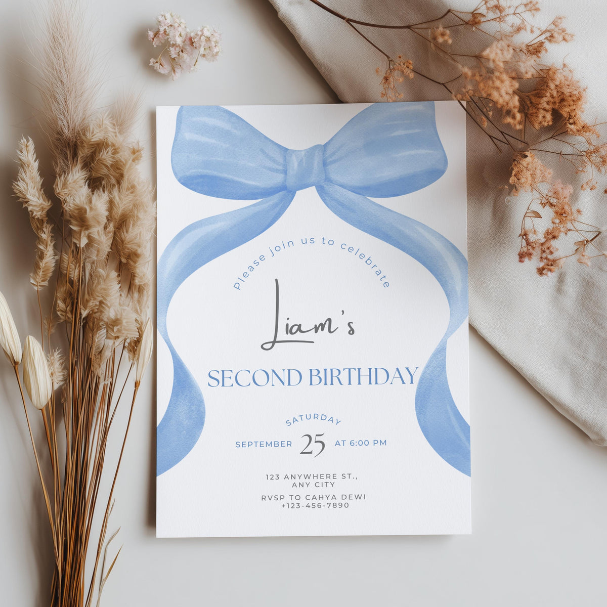 Blue Bow Birthday Invitation, Blue Bow Invitation, Blue Bow Birthday, Blue Ribbon Birthday Party Invite