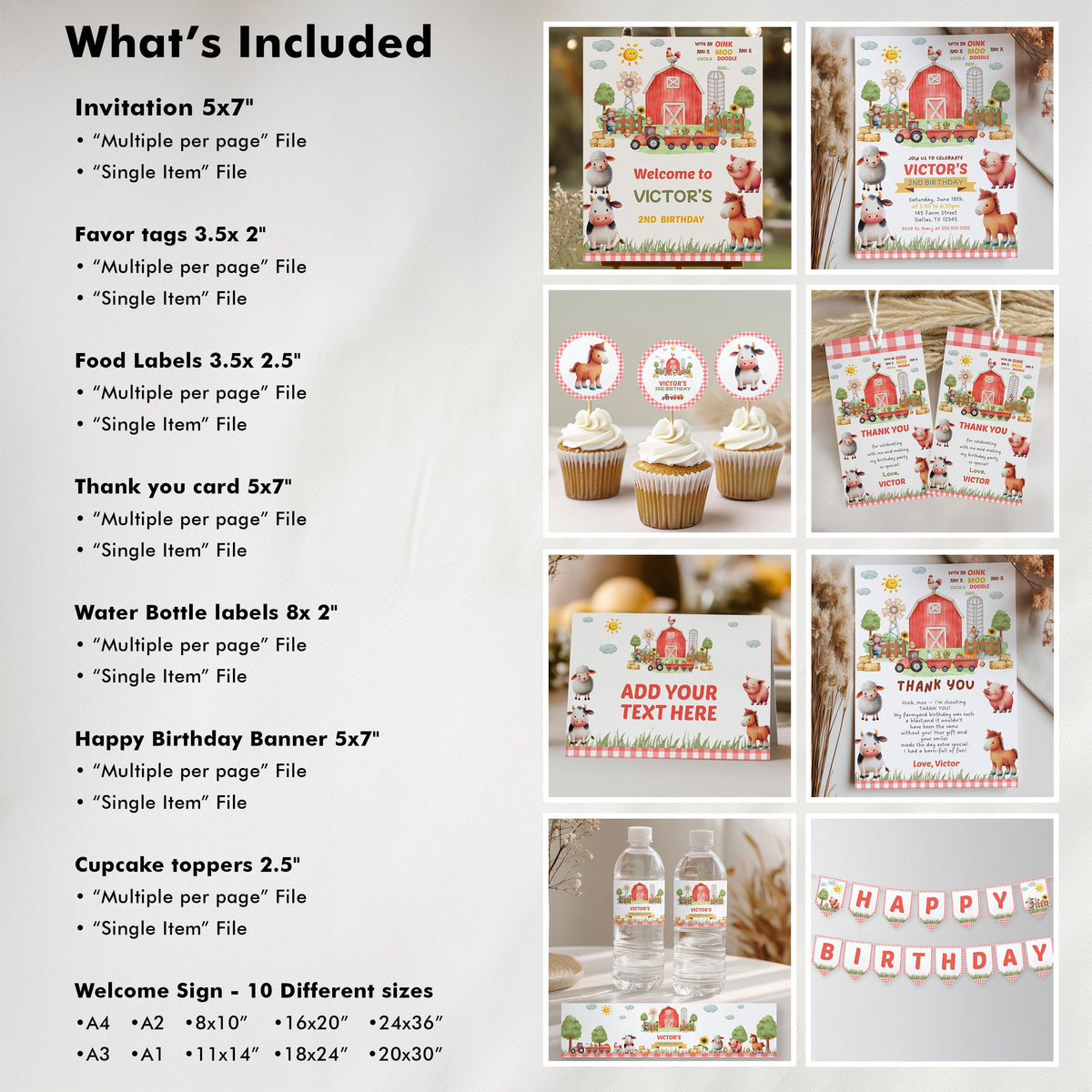 Editable Farm Barnyard Invitation Bundle Template, Farm Barnyard Welcome Custom Sign, Farm Barnyard label, Farm Barnyard party decor