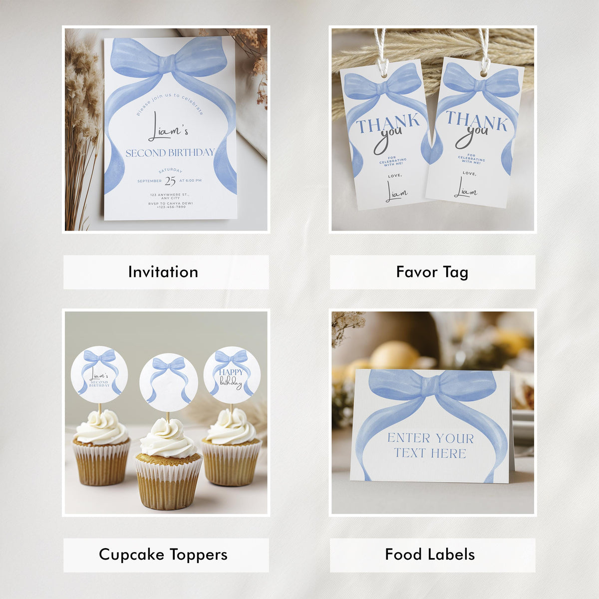 Editable Blue Bow Birthday Party Decorations | Blue Bow Birthday Bundle | Blue Ribbon Party Set | Instant Download