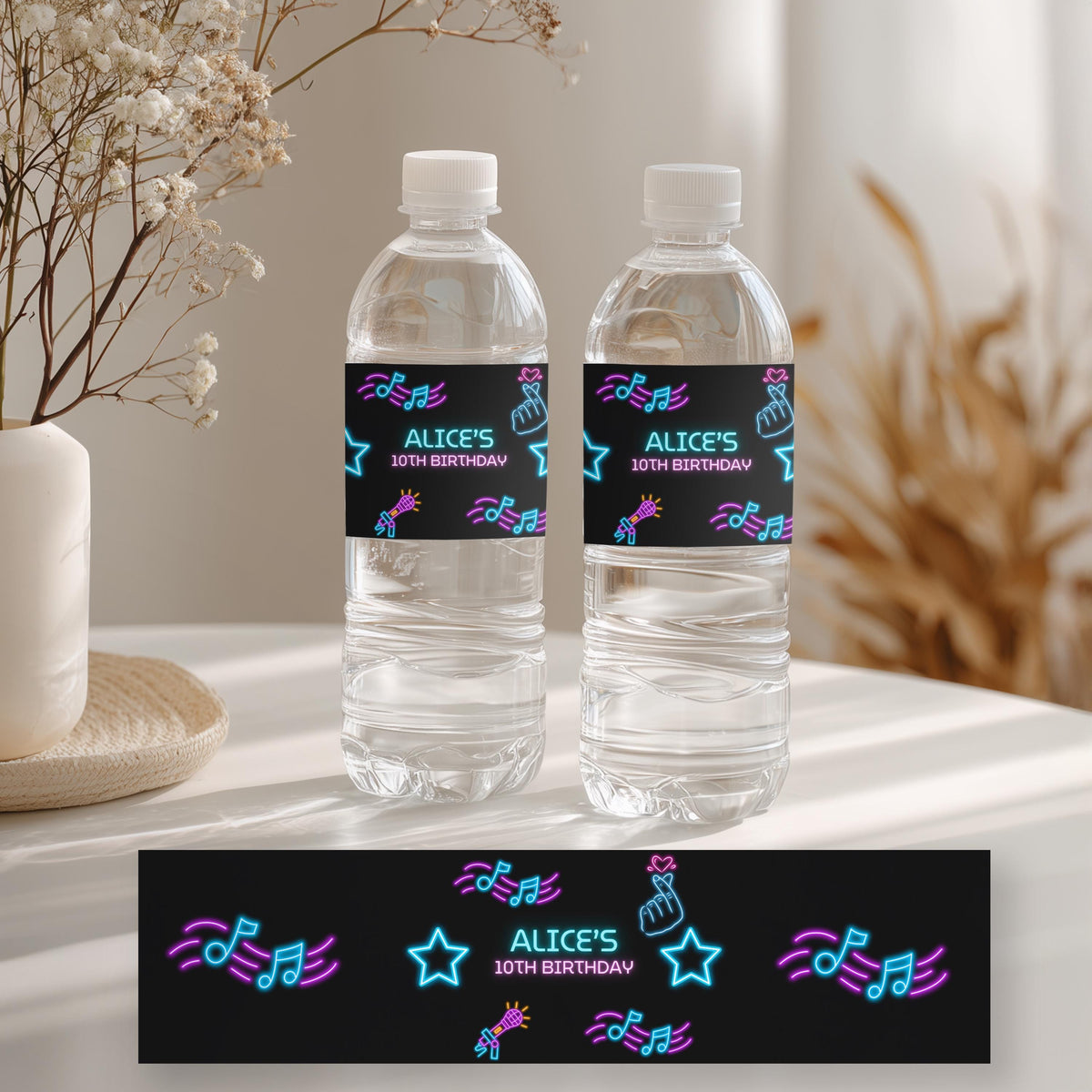 Editable Music Neon Kpop Birthday Bottle Label | Music Neon Kpop Water Bottle Label | Instant Download