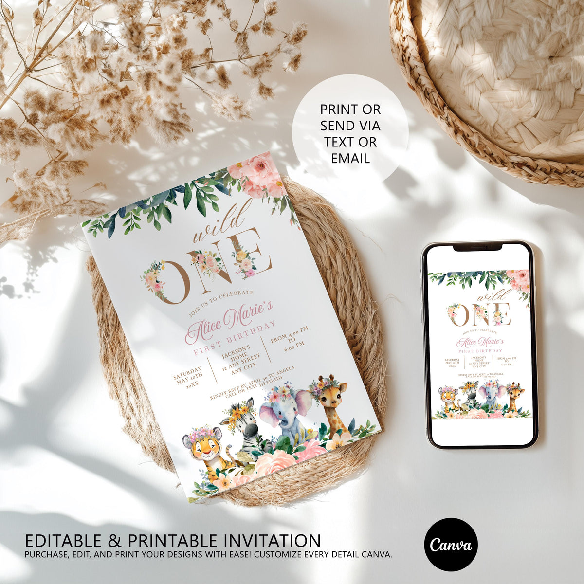 Wild One Girl Invitation, Safari Birthday Party Invite, Instant Download