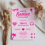 Hot Pink Doll Summer Birthday Invitation,Hot Pink Summer Birthday Invite,Hot Pink Pool Party Birthday Invitation Template