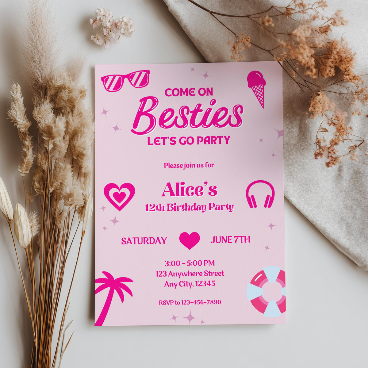 Hot Pink Doll Summer Birthday Invitation,Hot Pink Summer Birthday Invite,Hot Pink Pool Party Birthday Invitation Template