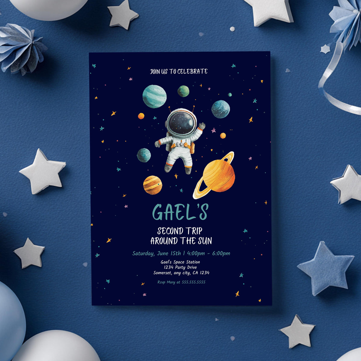 Astronaut Birthday Invitation | Second Trip Around the Sun | Editable Canva Template | Space Birthday Invite