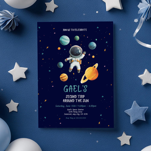 Astronaut Birthday Invitation | Second Trip Around the Sun | Editable Canva Template | Space Birthday Invite