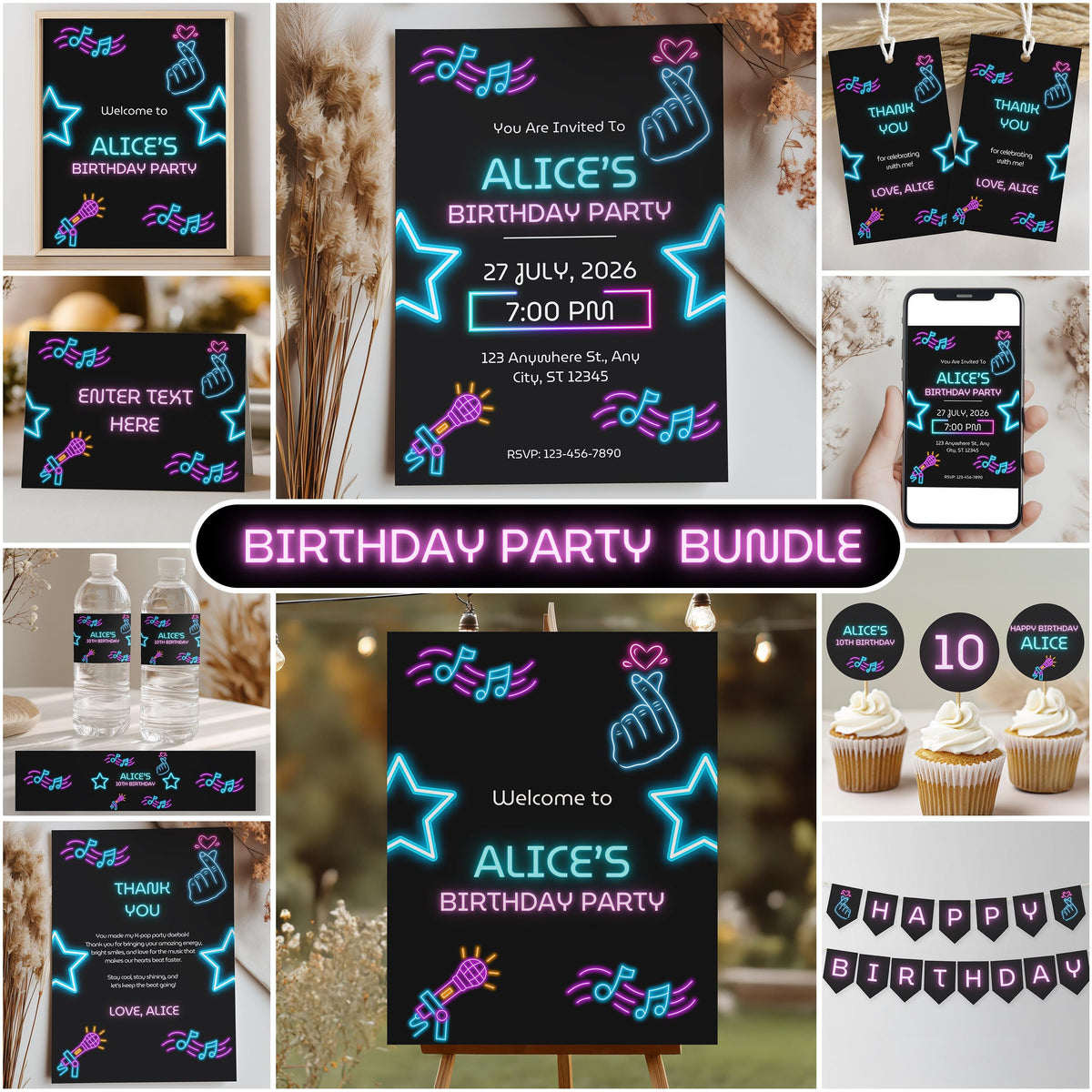 Editable Music Neon K-pop Party Decorations | Music Neon Kpop Singer Birthday Bundle | Music Korean Pop Party Set | Instant Download