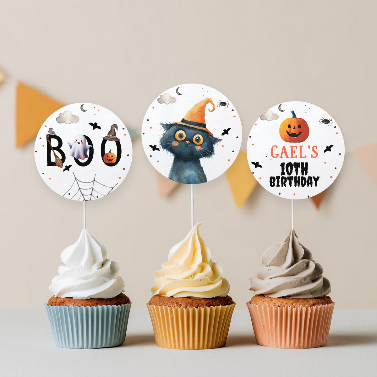 Boo Ghost Birthday Cupcake Toppers Favor Tags Halloween Black Cat Pumpkin Party Spooky Download Digital PRINTABLE