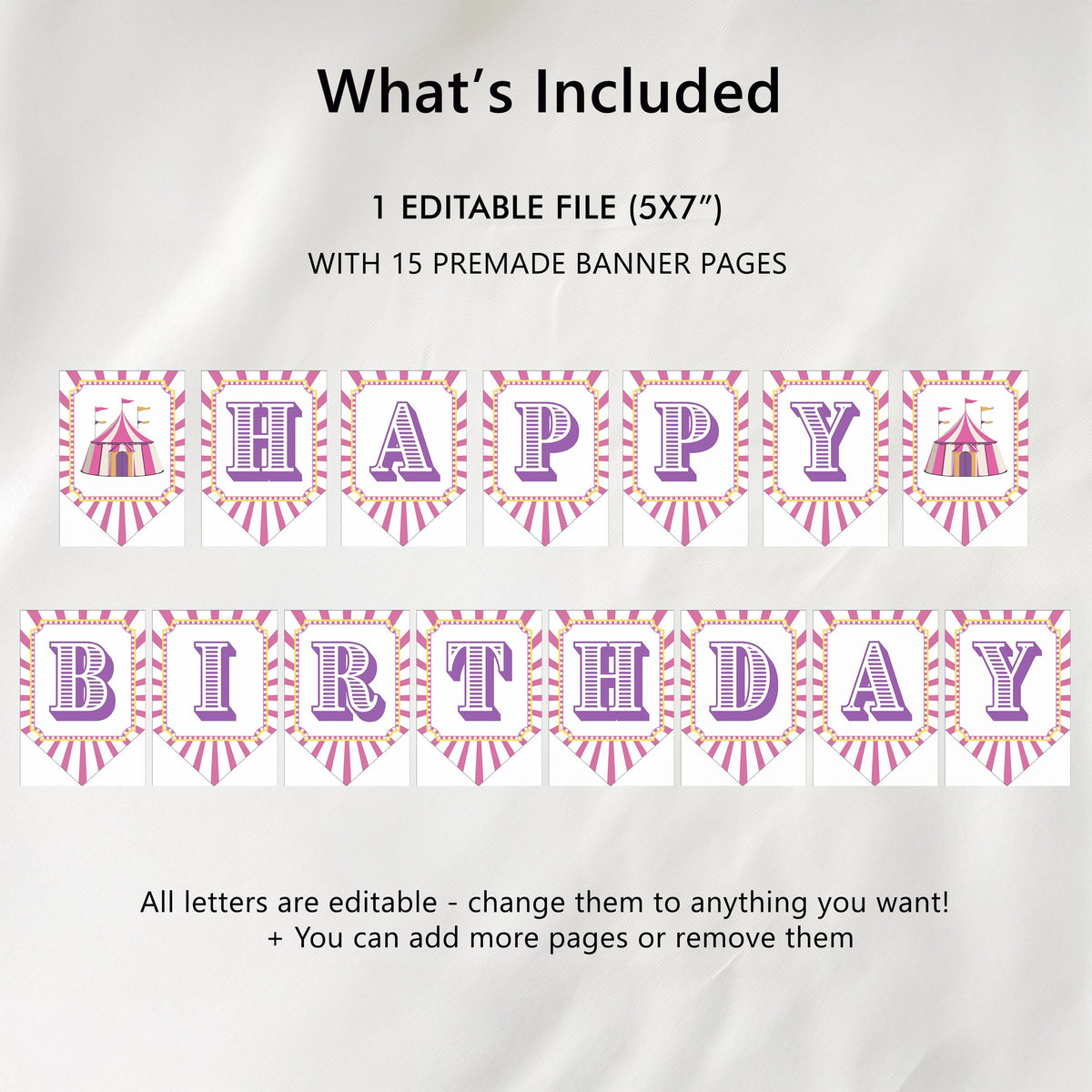 Pink Circus Birthday Banner, Happy Birthday Printable Banners