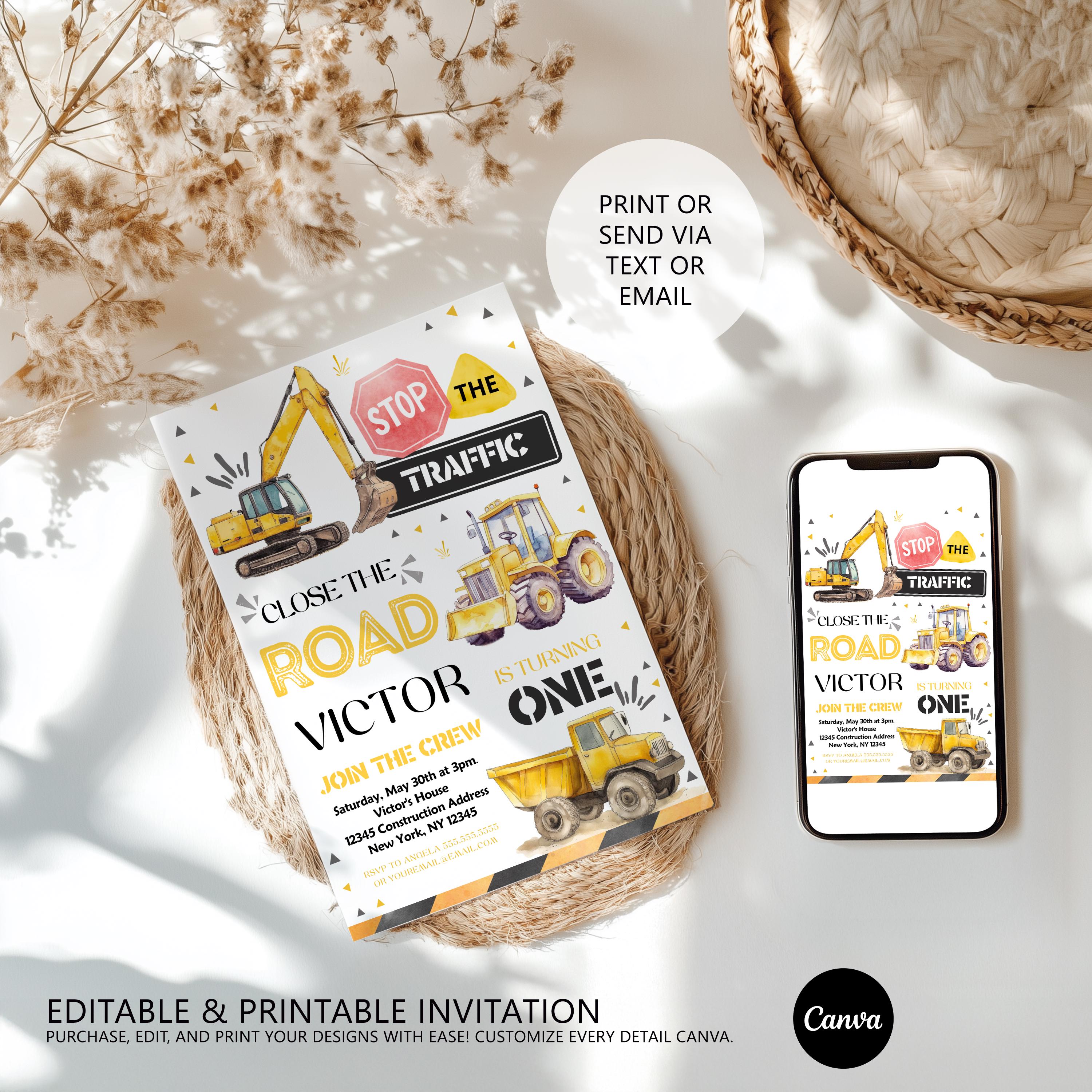 Construction First Birthday Invitation, Yellow Tractors Party Invite, Digital download Template 9164