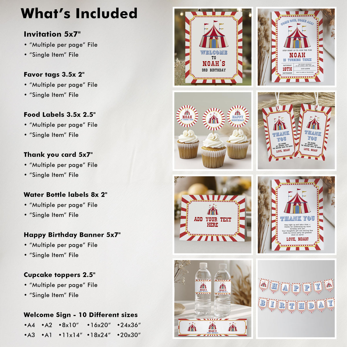 Circus Party Bundle, Carinval Printable Birthday Decorations Party Set