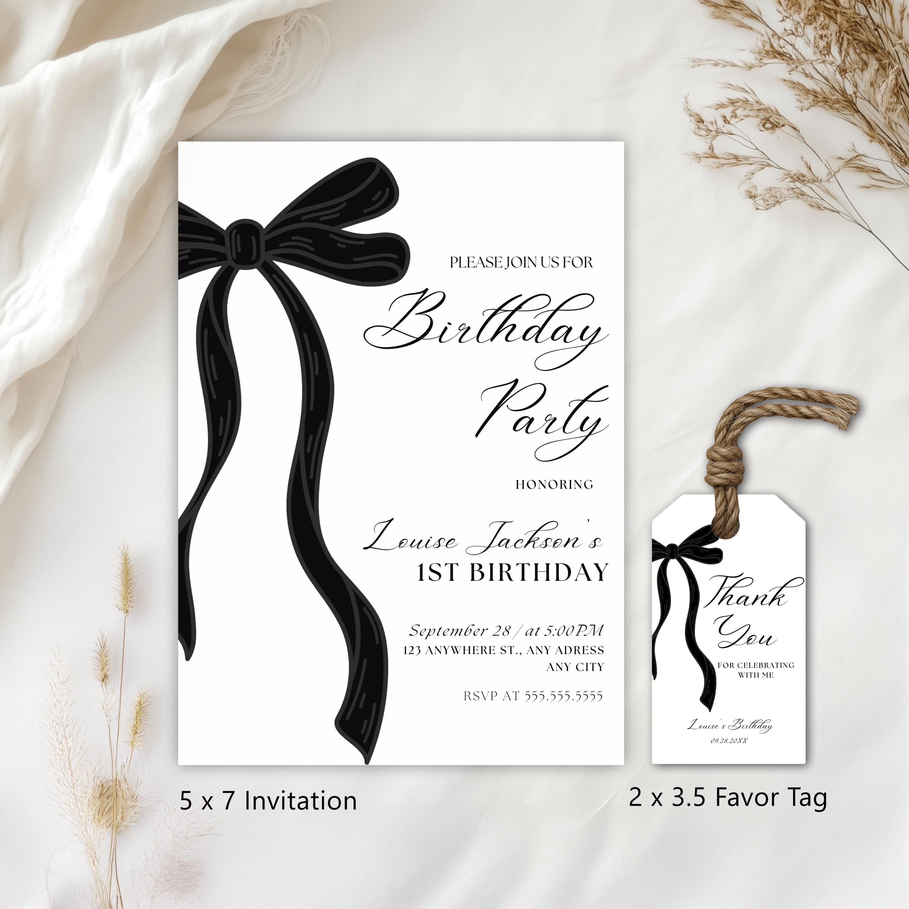 Black Bow First Birthday Invitation, Gender neutral Invite, 1st Birthday Party Invitations 9174