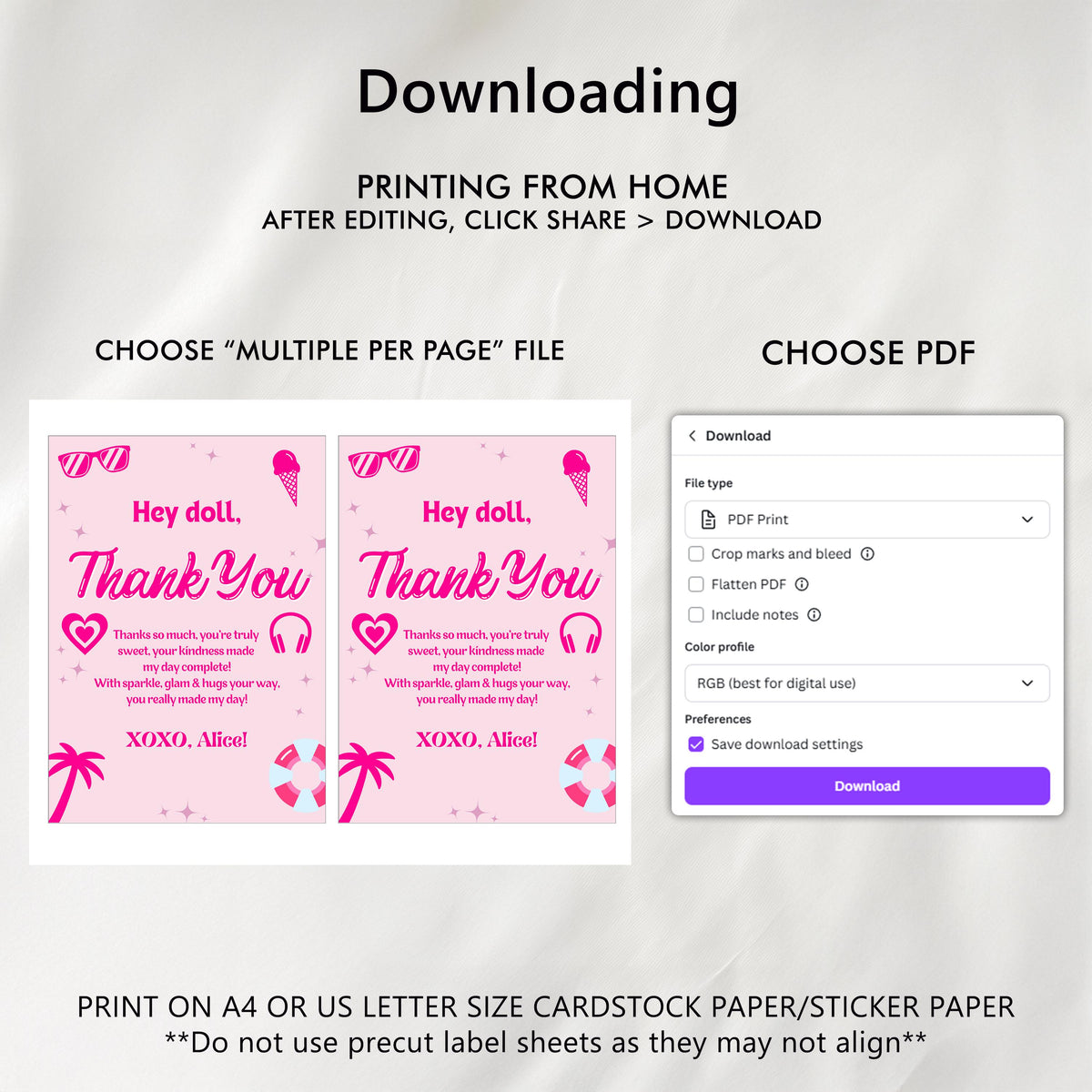 Hot Pink Doll Summer Editable Birthday Thank you card, Pink Pool Party Thank you card Printable Template Instant Download