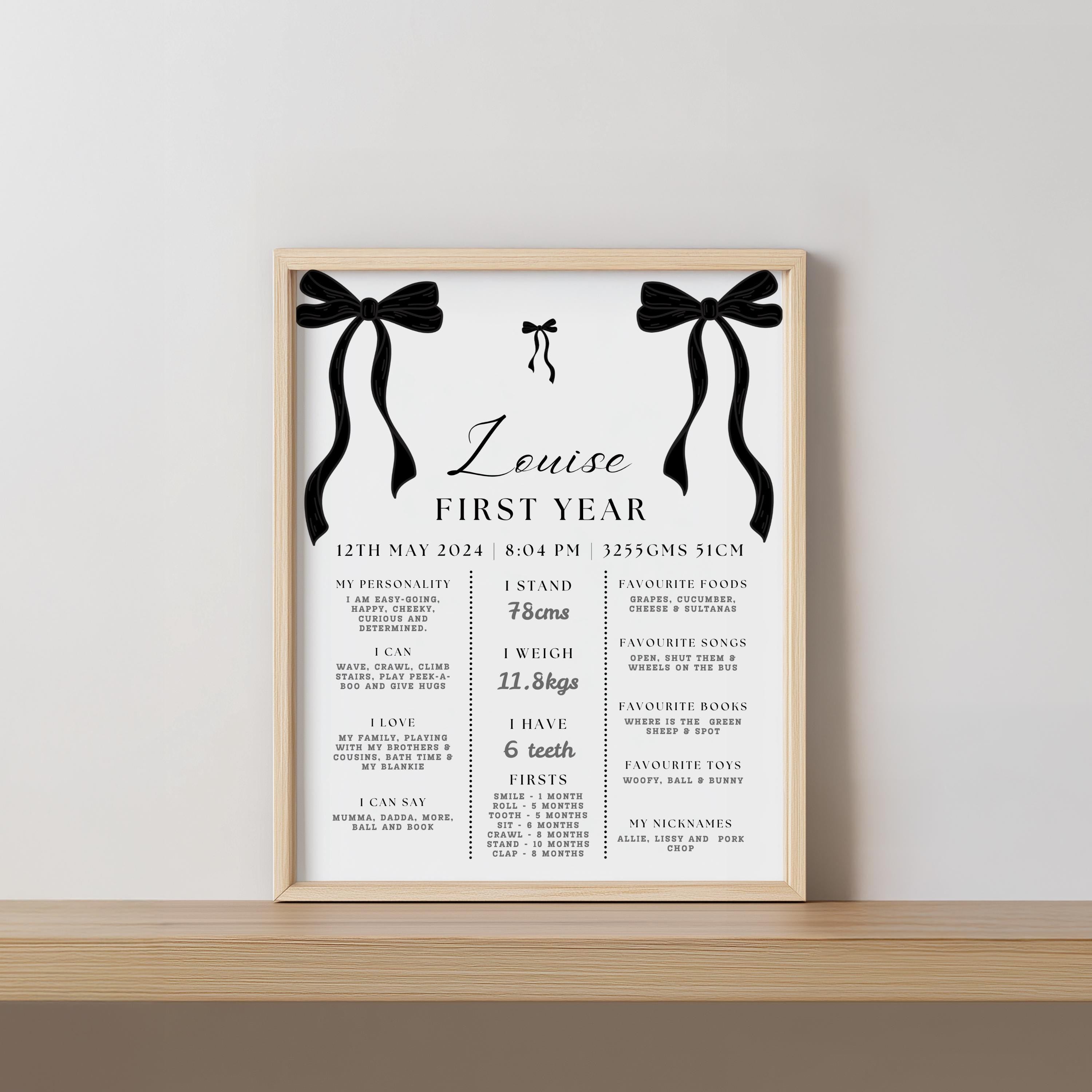 Black Bow Minimalist 1st Birthday Milestone Sign, Black Ribbon, Coquette, Gender neutral, 9174