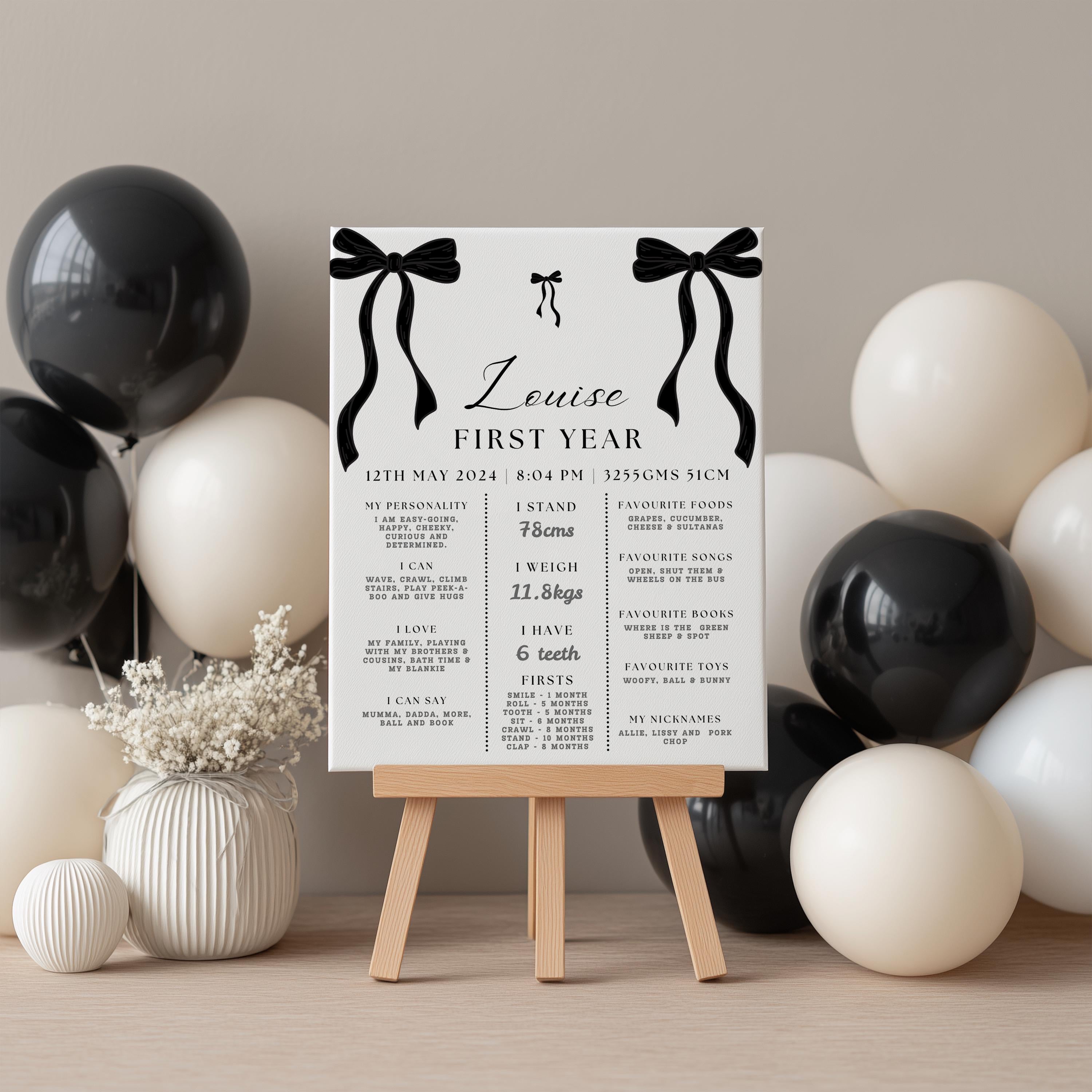 Black Bow Minimalist 1st Birthday Milestone Sign, Black Ribbon, Coquette, Gender neutral, 9174