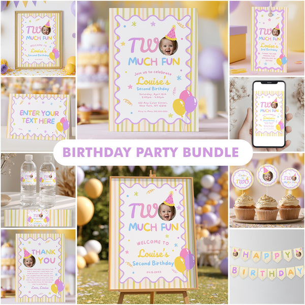 Two Much Fun Party Bundle, Pink 2nd Birthday Printable Decorations Party Set