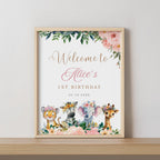 EDITABLE Safari Birthday Welcome Sign,Girl Jungle animals Birthday sign, Pink gold Wild one theme Digital Instant download
