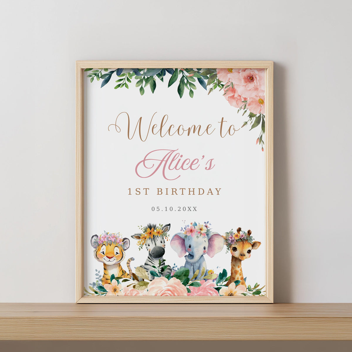 EDITABLE Safari Birthday Welcome Sign,Girl Jungle animals Birthday sign, Pink gold Wild one theme Digital Instant download