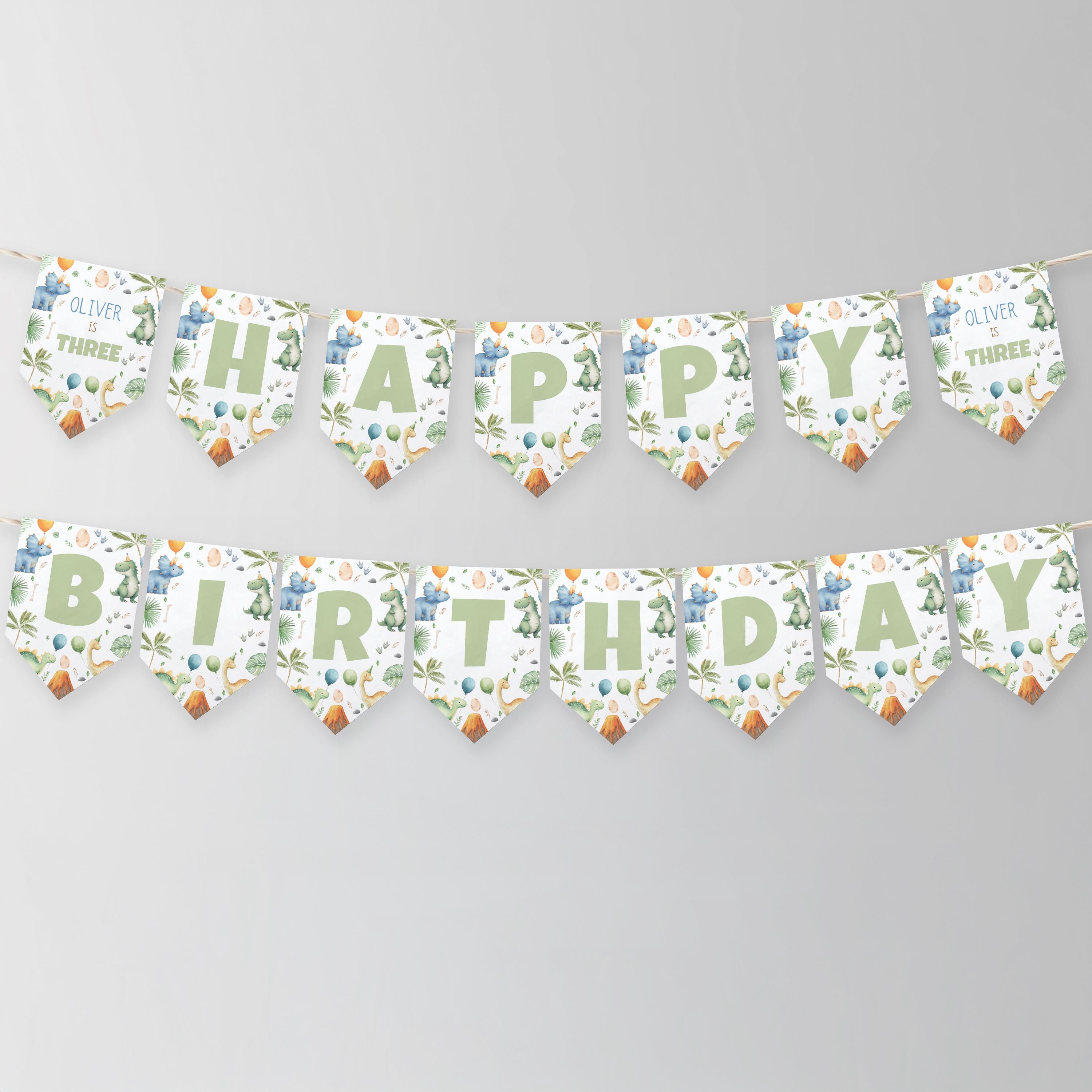 Dinosaur Birthday Banner Printable, Happy Birthday Banner, 3rd Birthday Decor, Three-Rex Dinosaur Party Banner 9166