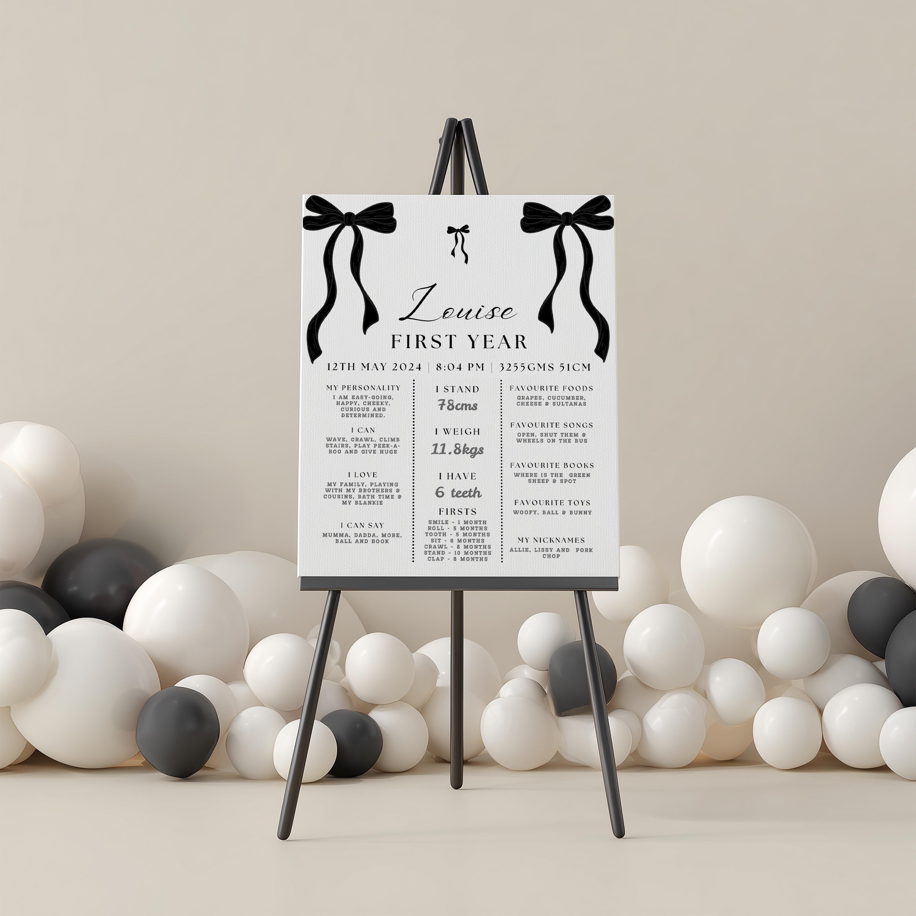 Black Bow Minimalist 1st Birthday Milestone Sign, Black Ribbon, Coquette, Gender neutral, 9174