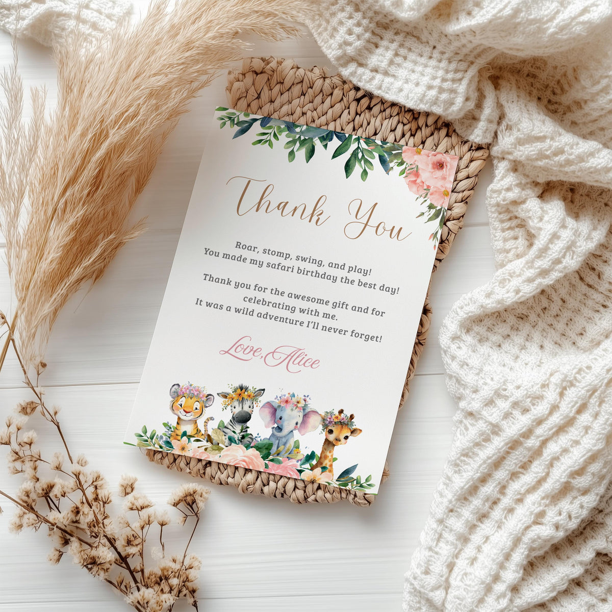 EDITABLE Safari Birthday Thank you card, Girl Wild One 1st Birthday note card, Gold Jungle Animals Printable template Instant Download