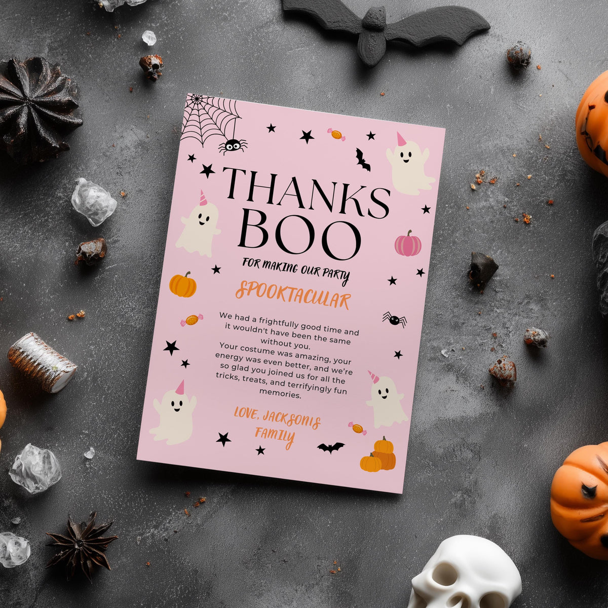 Editable Thanks Boo Pink Halloween Thank You Card, Pink Ghost Halloween Party Digital Download Template Printable