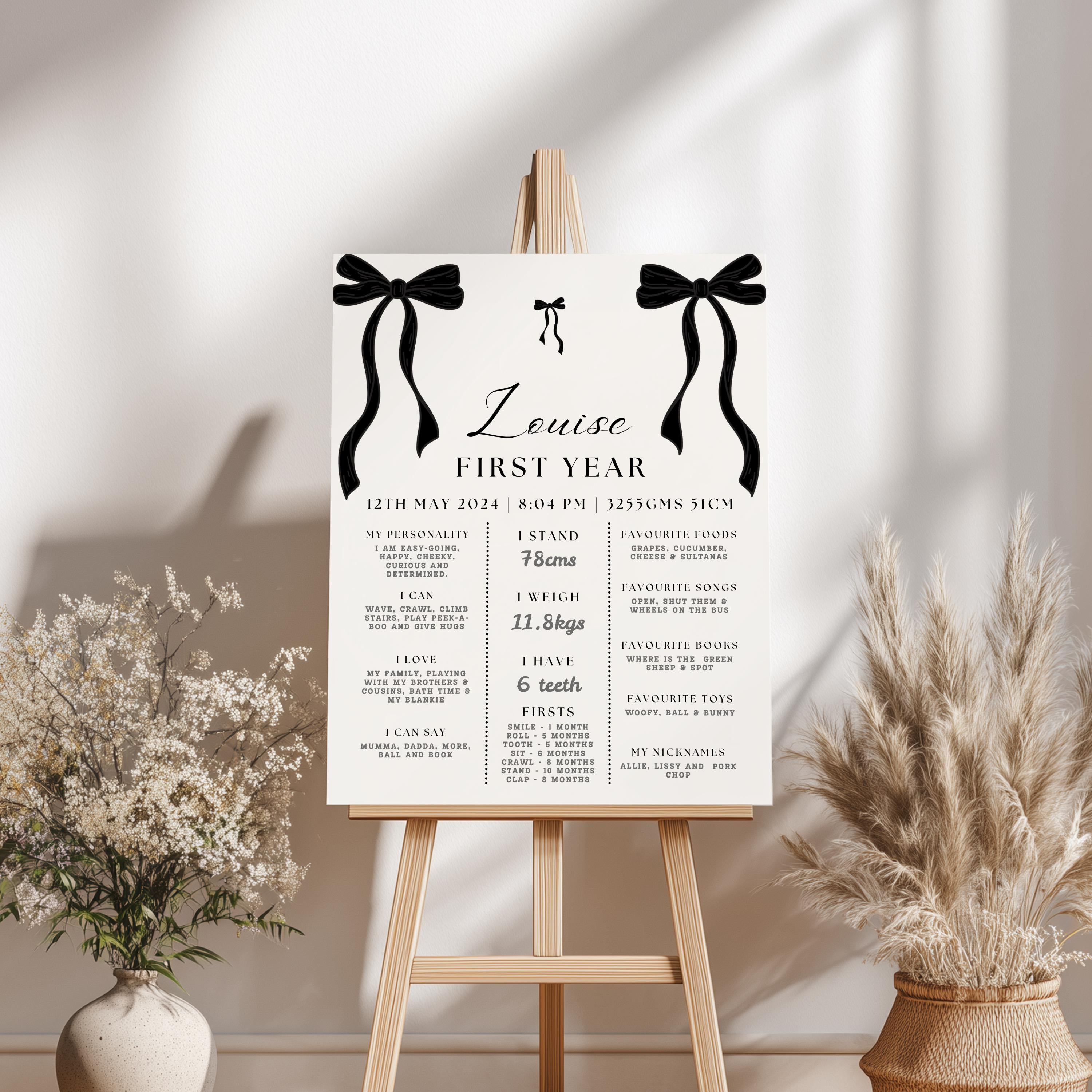 Black Bow Minimalist 1st Birthday Milestone Sign, Black Ribbon, Coquette, Gender neutral, 9174