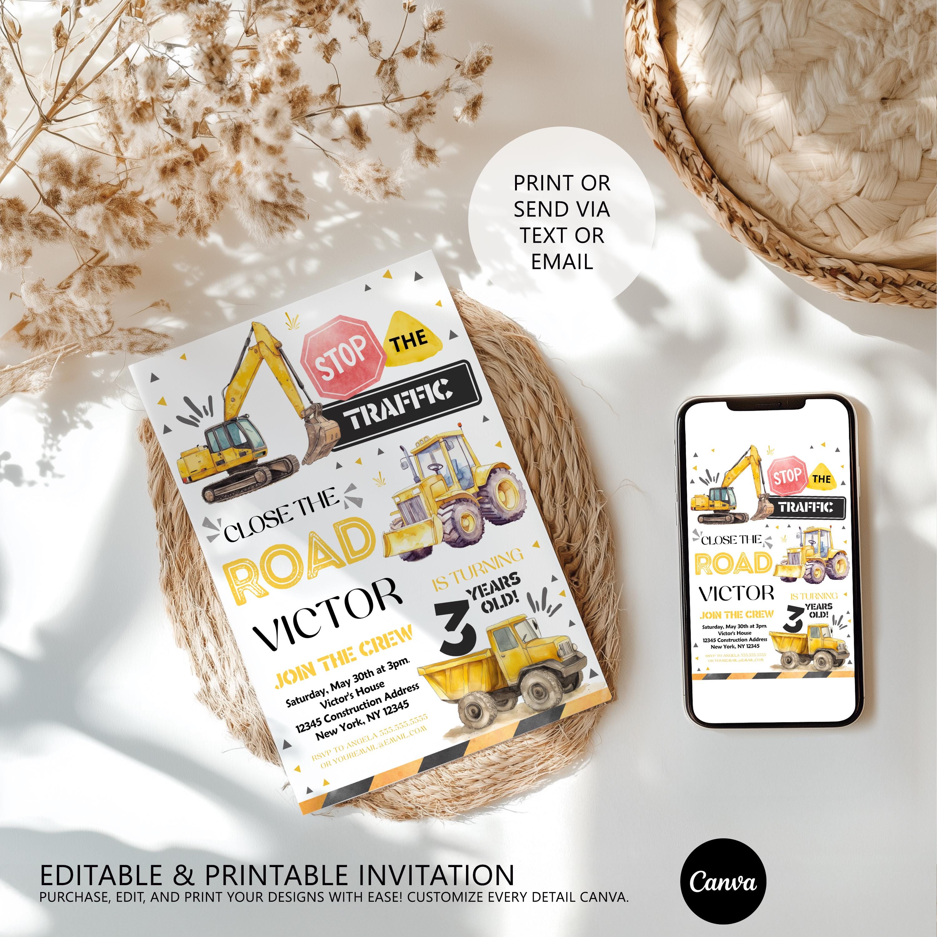 Editable Construction Invitation, Tractor Truck Invitations , Dump Truck Party Invite, Printable template Digital 9152