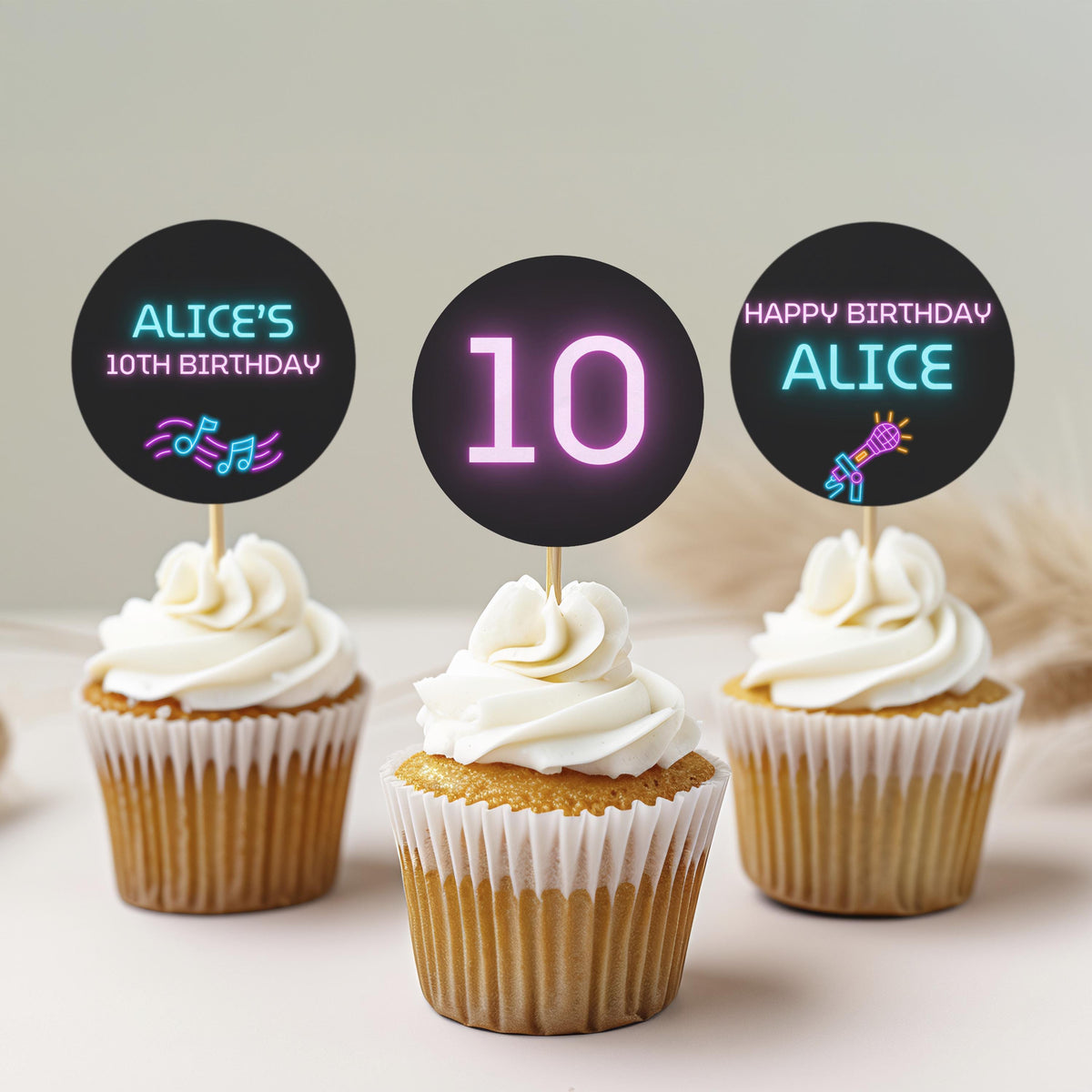 Editable Music Neon K-pop Birthday Cupcake Toppers | Music Neon K-pop Party Cake Toppers | Instant Digital Download