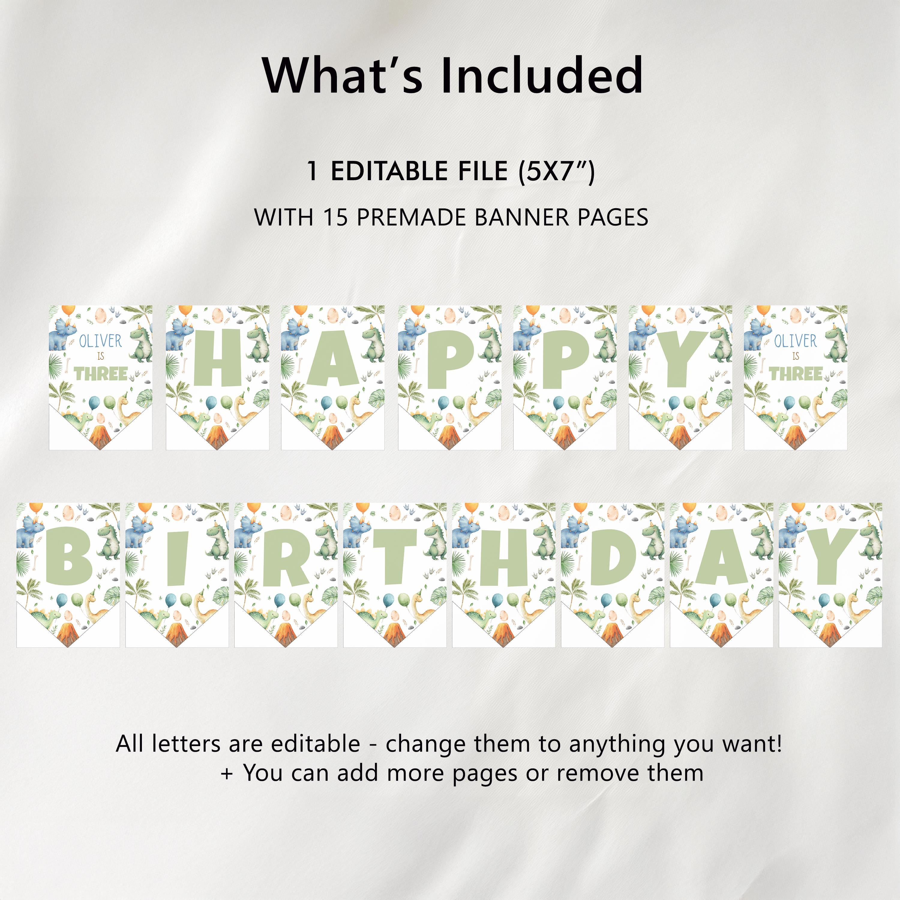 Dinosaur Birthday Banner Printable, Happy Birthday Banner, 3rd Birthday Decor, Three-Rex Dinosaur Party Banner 9166