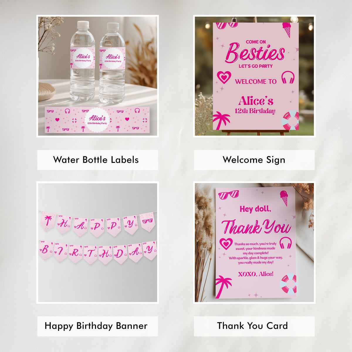 Editable Hot Pink Doll Summer Party Decorations, Pink Pool Party Package Birthday Bundle, Birthday Party Set Template Instant Download