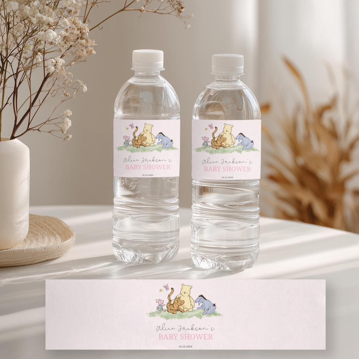 Pink Winnie the Pooh Water Bottle Labels, Baby Shower Label
