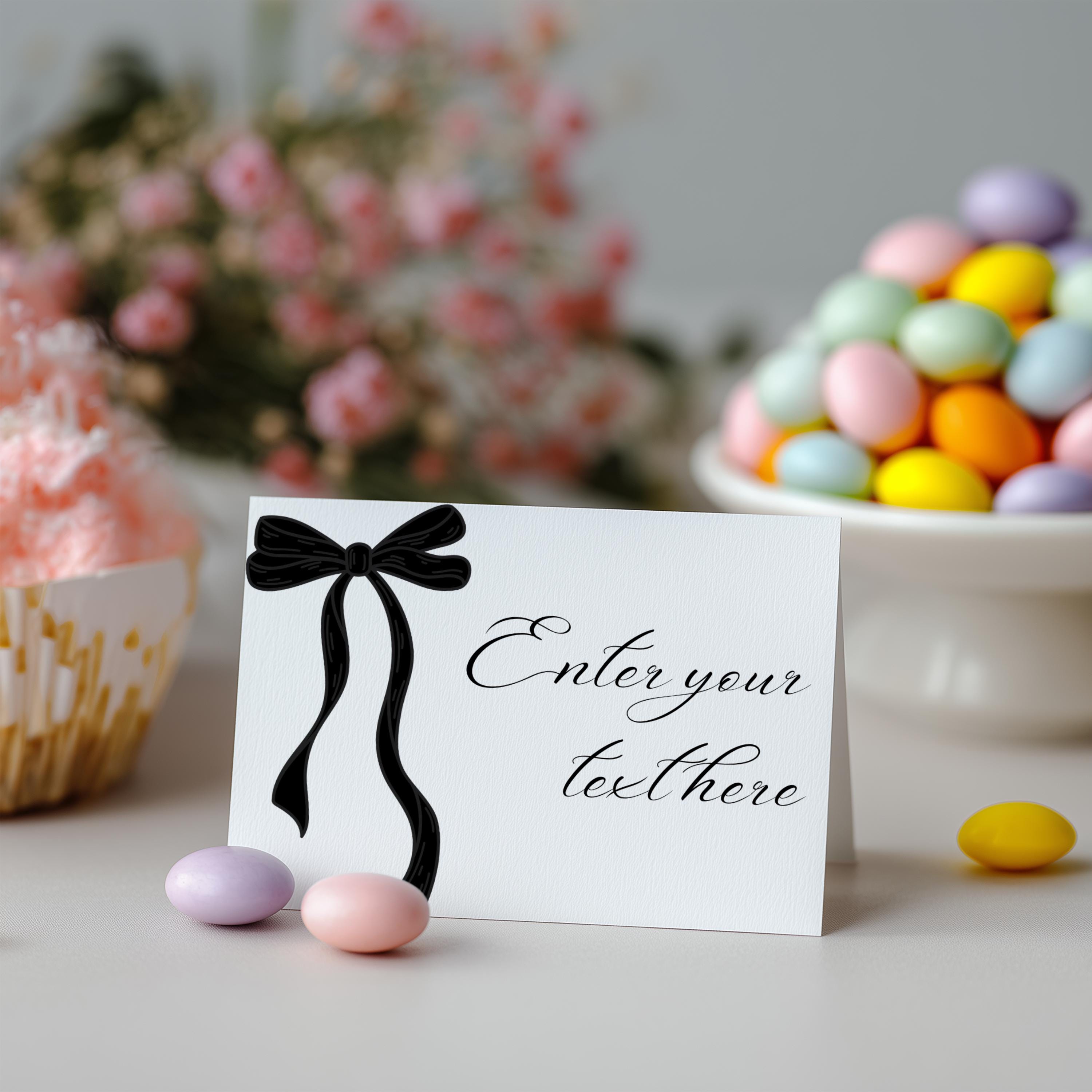 Black Bow Minimalist Food Labels, Coquette Gender neutral Tent Cards, Birthday Food Tags 9174