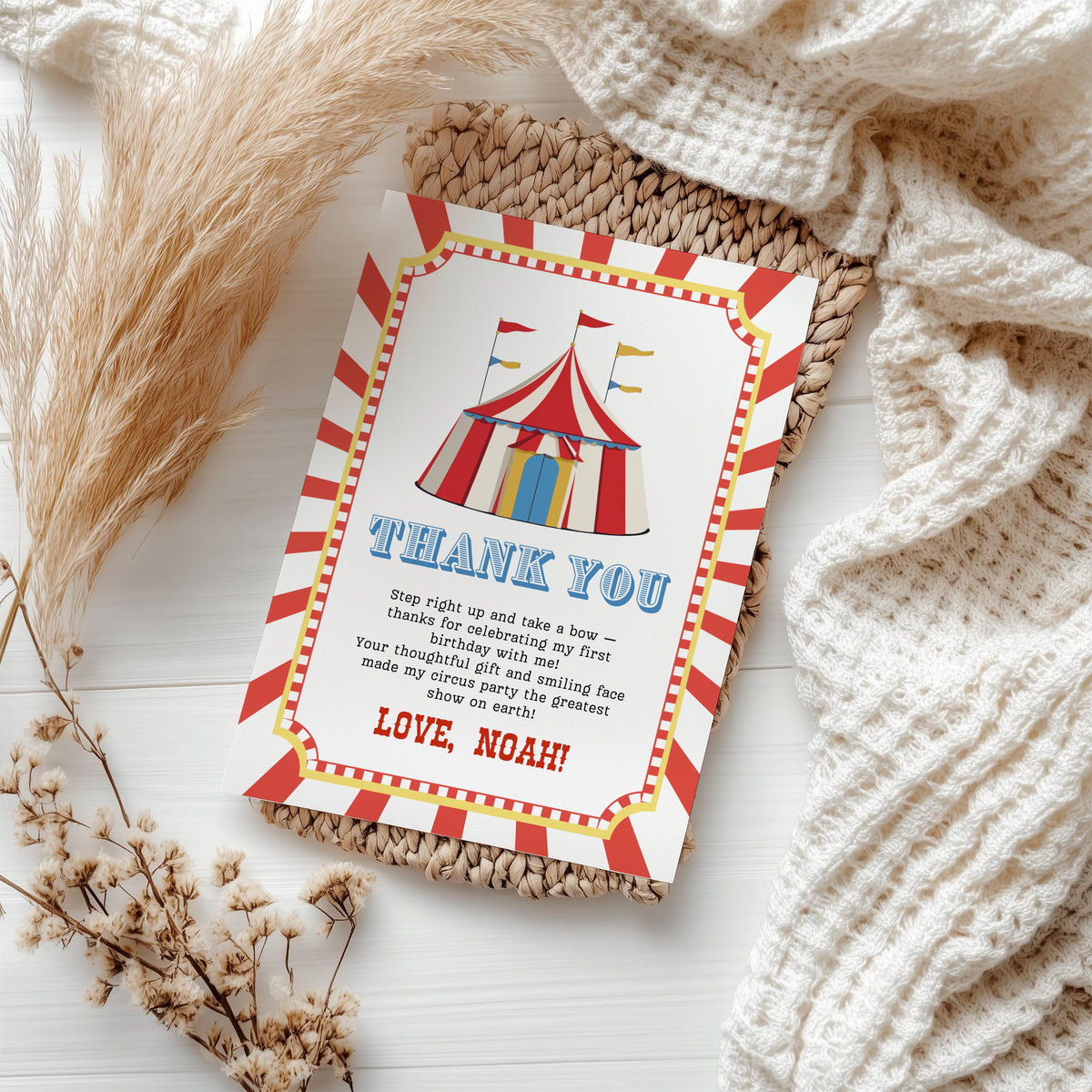 Circus Thank You Card Template, Carnival Printable Thanks Card
