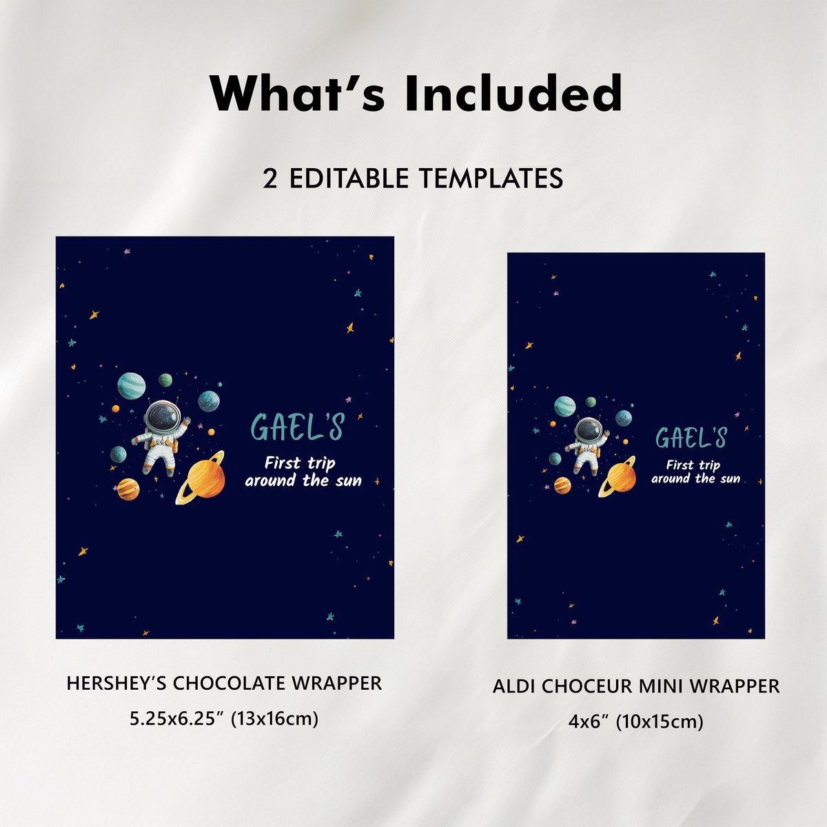 Astronaut Chocolate Wrappers, First Trip Around the Sun Candy Bar Wrappers, Astronaut First Chocolate Wrappers, Canva Template