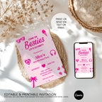 Hot Pink Doll Summer Birthday Invitation,Hot Pink Summer Birthday Invite,Hot Pink Pool Party Birthday Invitation Template