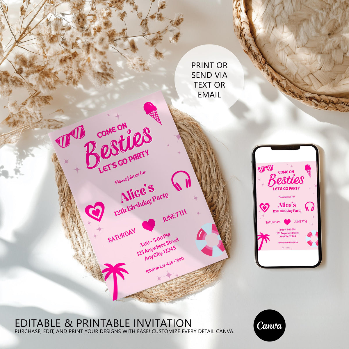 Hot Pink Doll Summer Birthday Invitation,Hot Pink Summer Birthday Invite,Hot Pink Pool Party Birthday Invitation Template