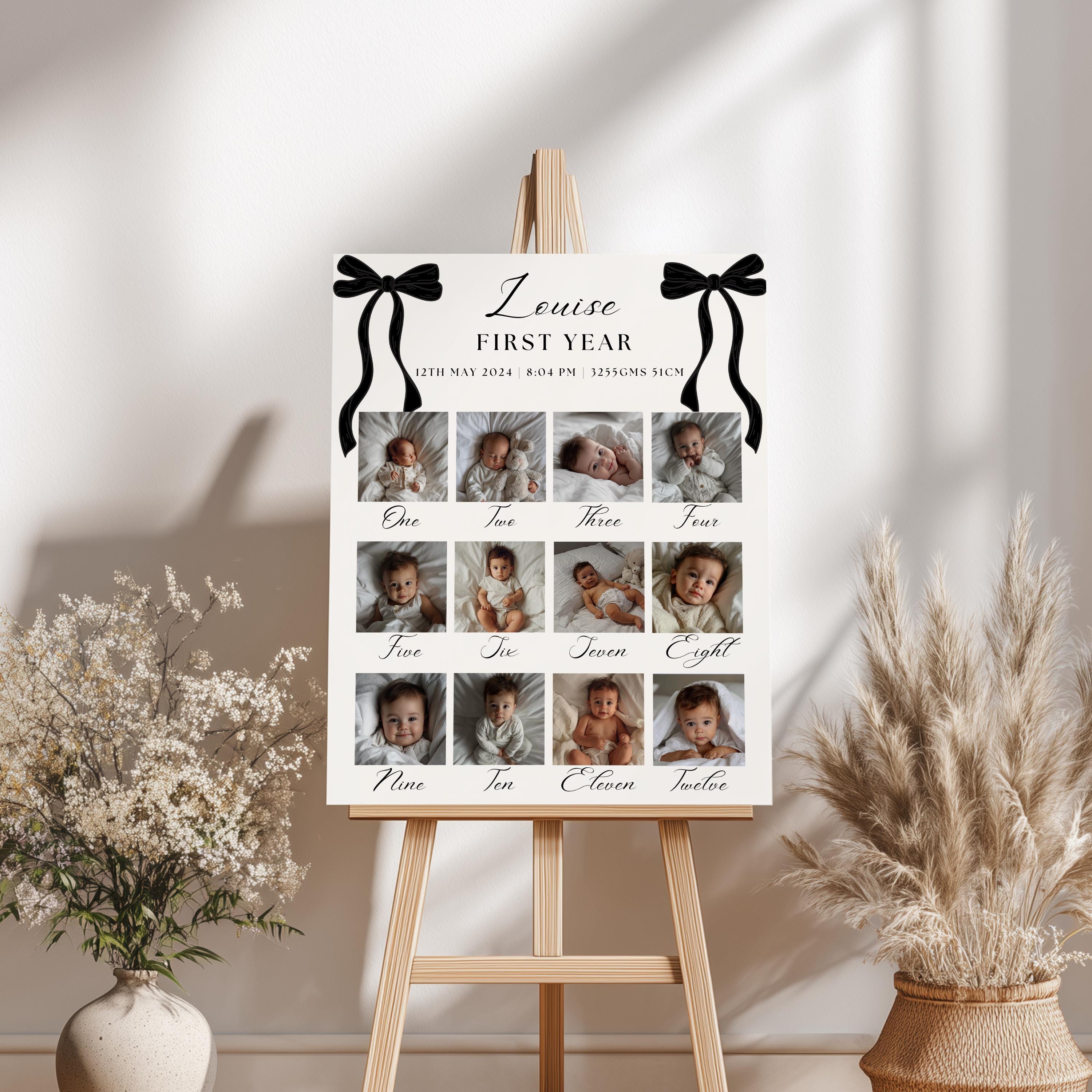 Black Bow Minimalist 1st Birthday Milestone Sign, Black Ribbon, Coquette, Gender neutral, 9174