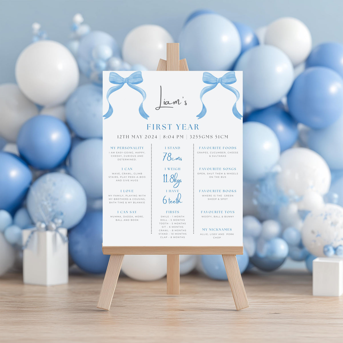 Blue bow Birthday Milestone Sign, Blue bow 1st Birthday Milestone Board, Blue Ribbon Milestone Poster Printable, Baby First Year