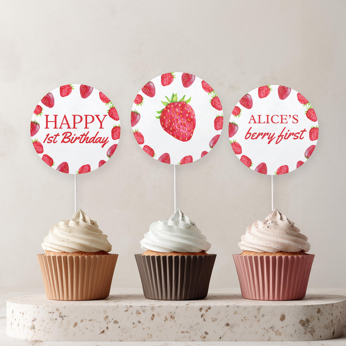 Berry First Cupcake Topper, Strawberry 1st Birthday Cupcake Toppers