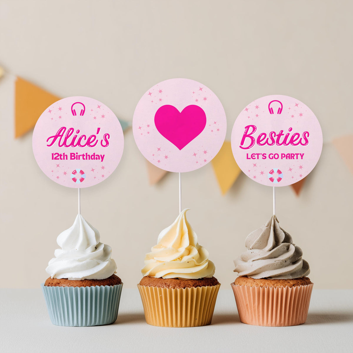 Editable Hot Pink Doll Summer Birthday Cupcake toppers, Pink Pool Party Party Cake toppers, Template printable Instant Digital download