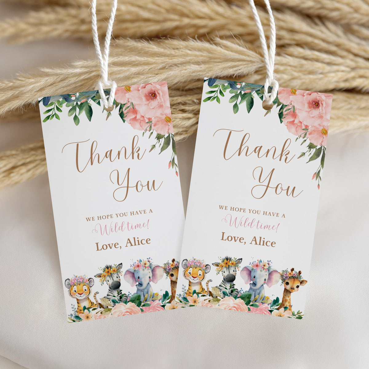 EDITABLE Safari Favor tags, Girl Wild One 1st Birthday Thank you tag, Gold Jungle Animals Gift tag, Printable template Instant Download