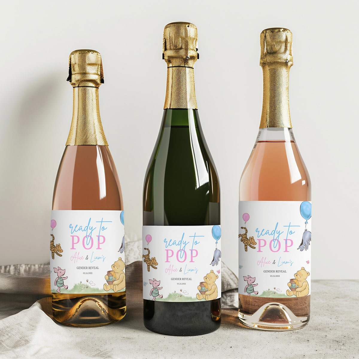 Winnie the Pooh Gender Reveal Champagne Labels, Baby Shower Printable Wine Labels