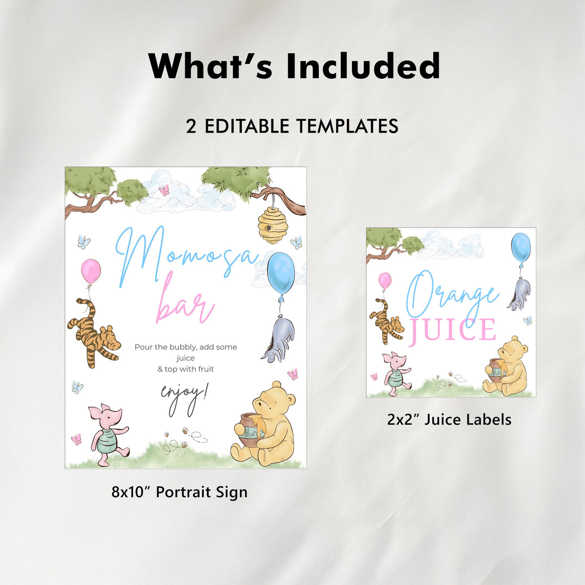 Winnie the Pooh Gender Reveal Mimosa Bar Sign, Momosa Bar Baby Shower Juice Tags