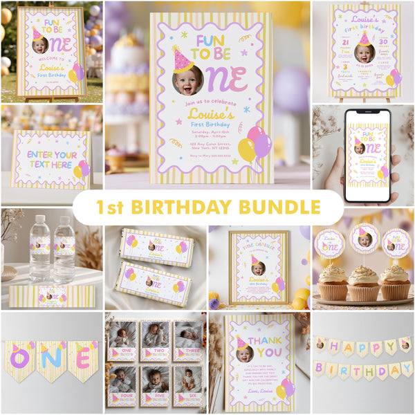 Fun to Be One Birthday Decorations, Girl 1st Birthday Bundle, Printable Party Set