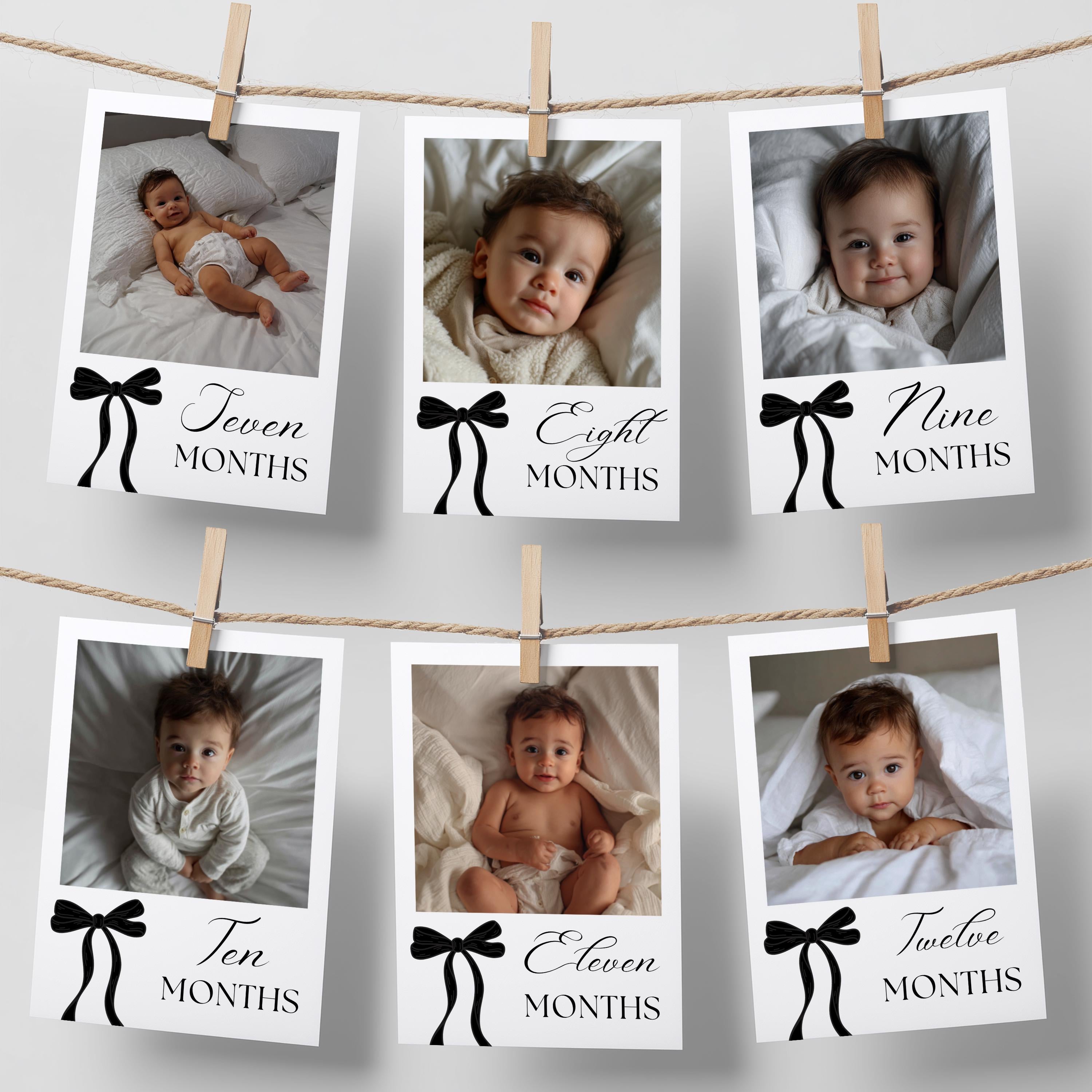 Black Bow Minimalist First Birthday Photo Banners, 1st Birthday Banner, Gender Neutral Cards 9174