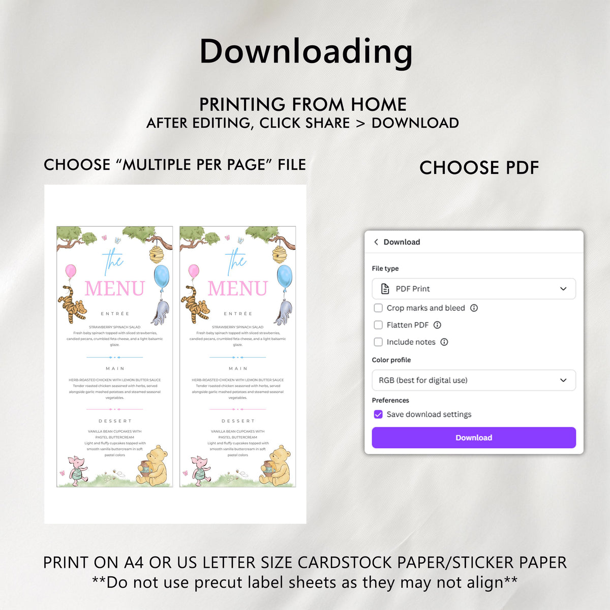 Winnie the Pooh Gender Reveal Menu Template, Baby Shower Printable Editable